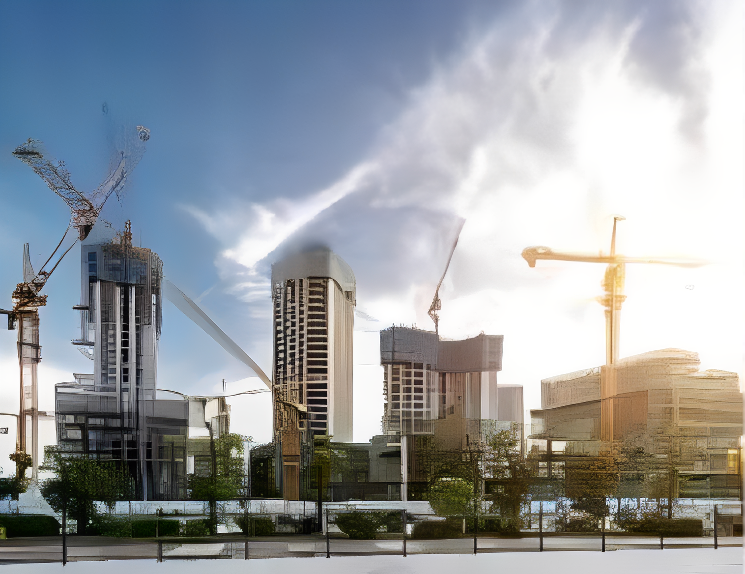 City skyline with cranes and buildings.