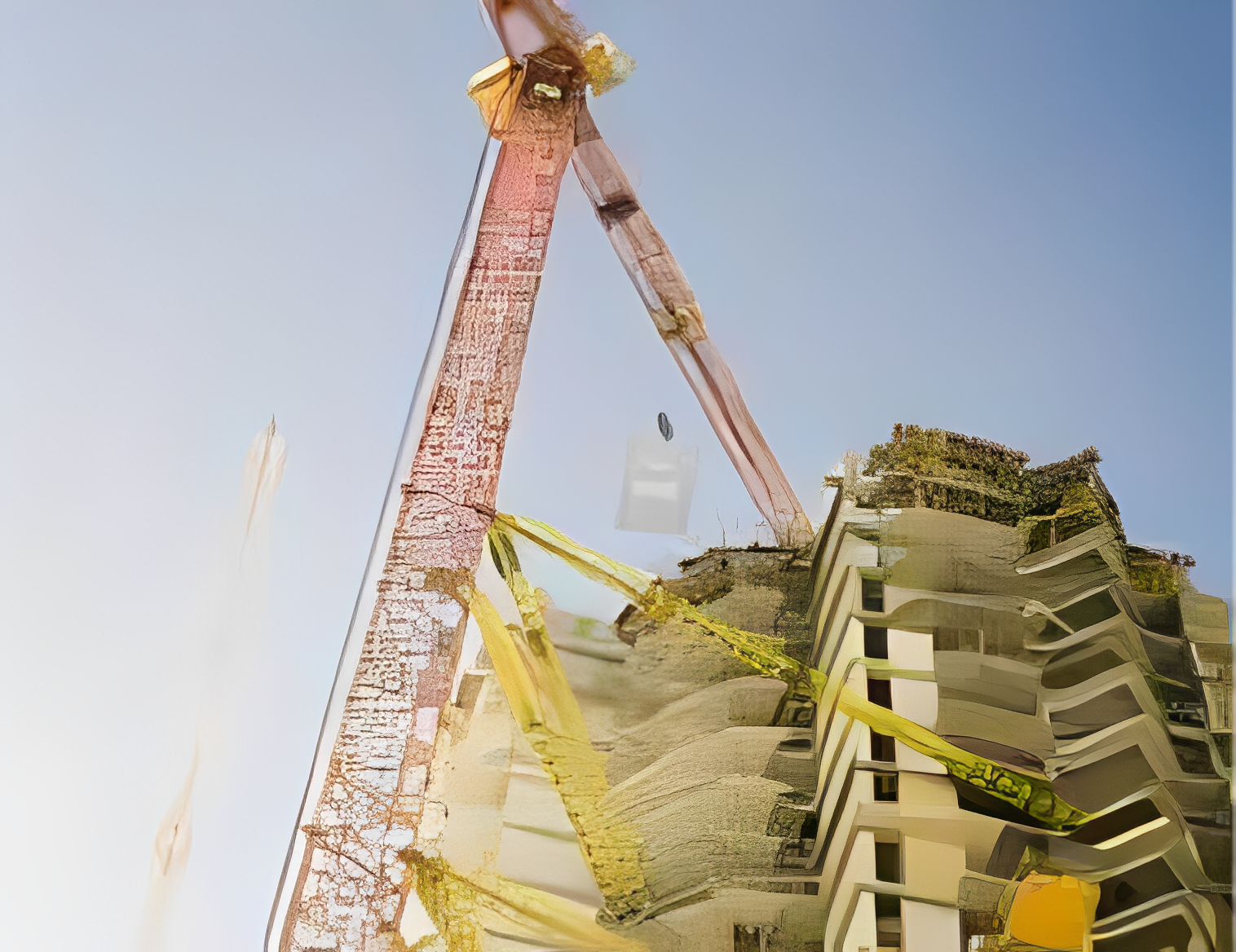 Distorted construction site with cranes and building.