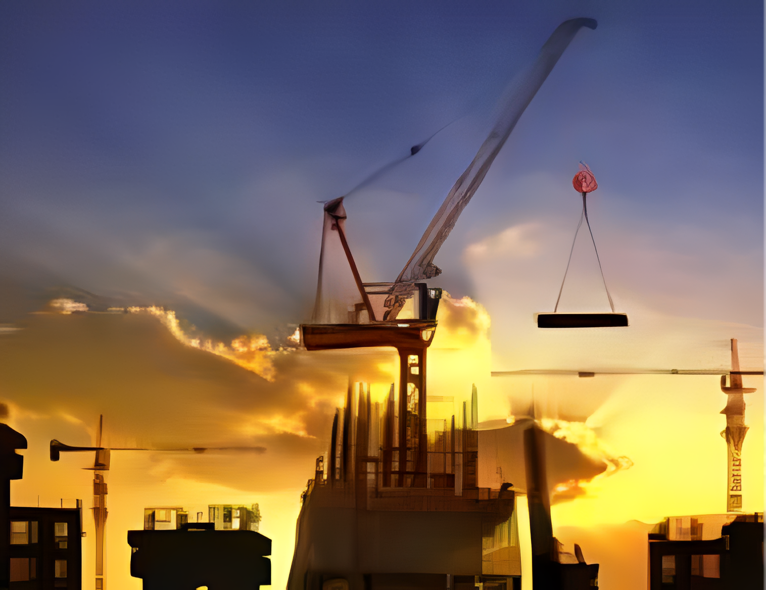 Construction cranes against a sunset sky.